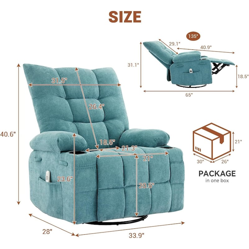 Swivel Rocker Recliner Chair, with Massage and Heat and Side Pocket