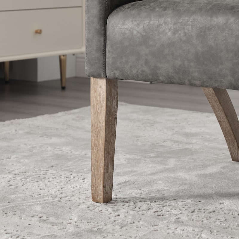 Modern Upholstered PU Open Back Accent Armchair Barrel Dining Chair with Weathered Rubberwood Legs, Hollow-Out Side Club Chair
