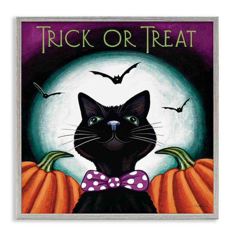 Stupell Trick Or Treat Cat Framed Giclee Art Design By Elizabeth Tyndall - 24 x 24 - Grey