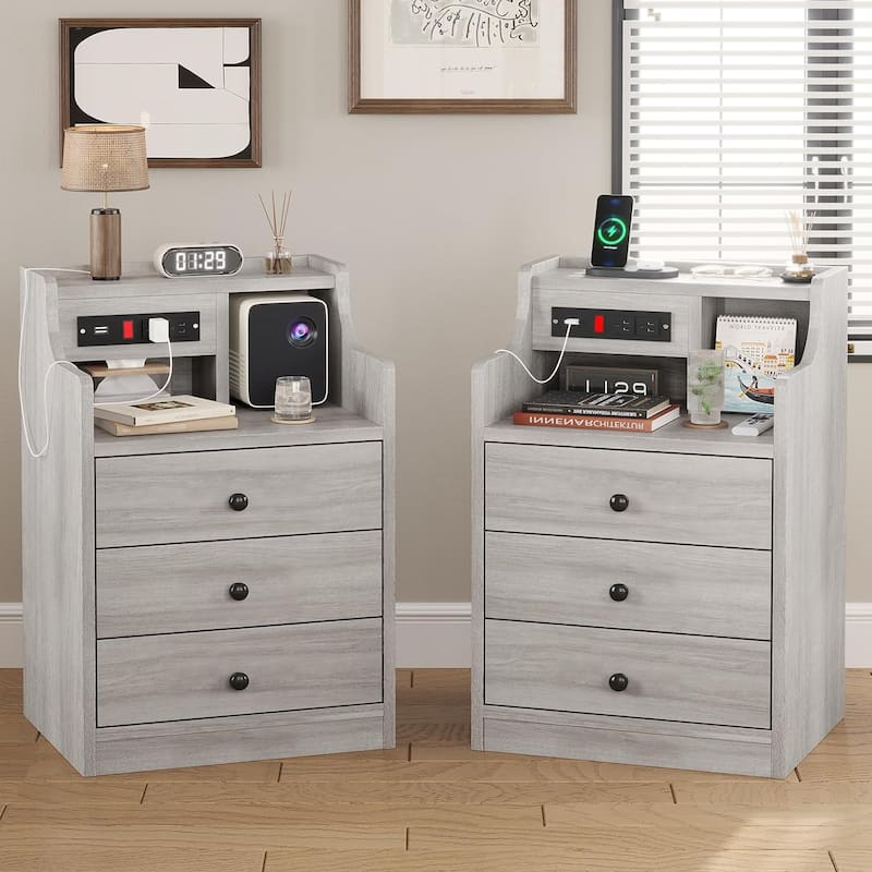 Nightstand with Drawers Charging Station End Side Table with Hutch - Grey NS Set 2 - 3-drawer