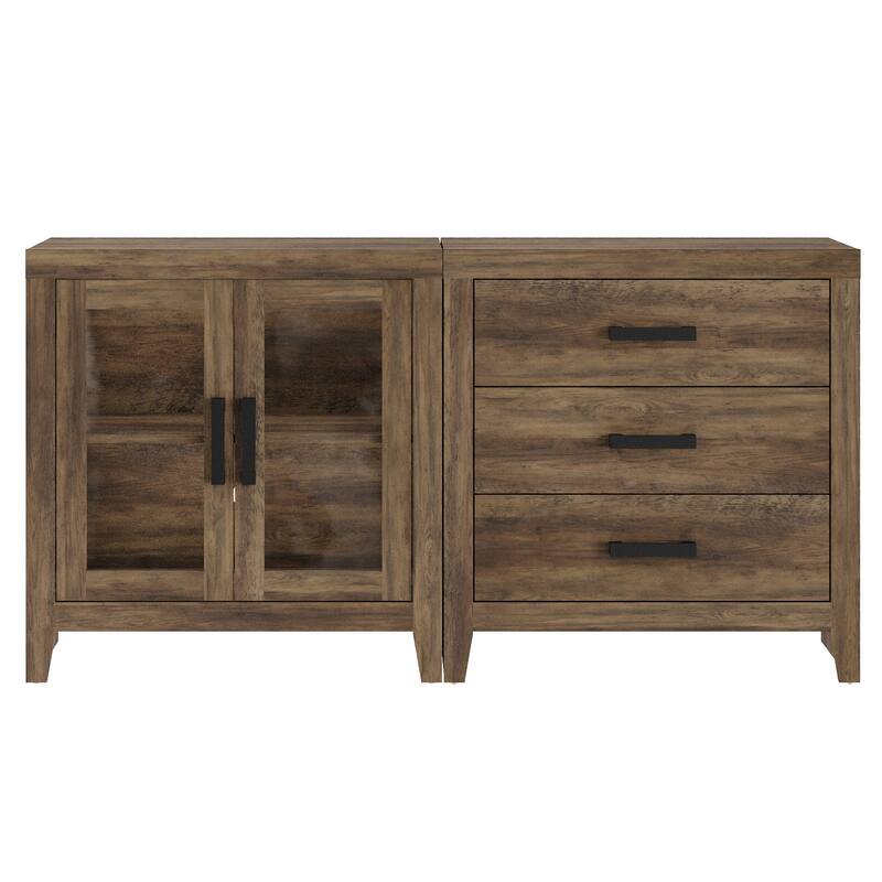 WAMPAT Farmhouse Buffet Cabinet, 2-Piece Sideboard with Glass Door & Storage Drawers for Kitchen