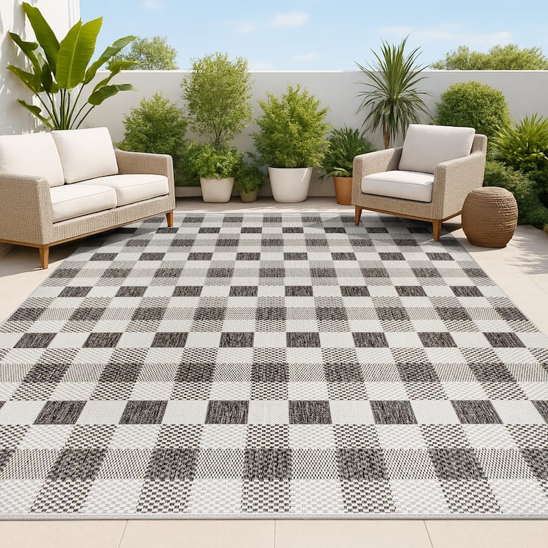 JONATHAN Y Biot Traditional Geometric Bold Gingham Black/Cream Indoor/Outdoor Area Rug