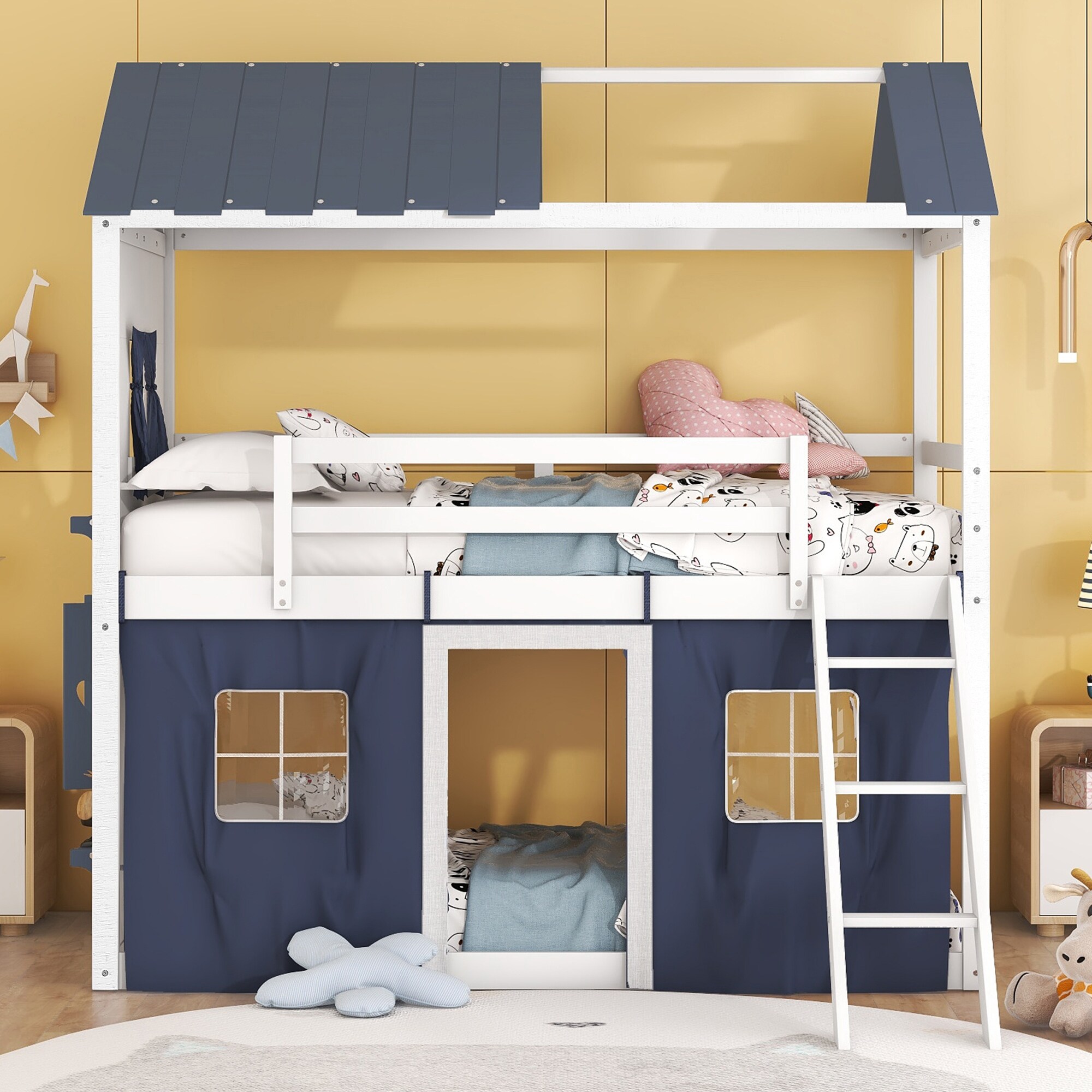 House Twin Full Loft Bunk Bed with Tent Kids Loft Bed with Ladders Guardrail Windows Roof Wood Playhouse Bunk Bed for Kids Bed Bath Beyond 39658319