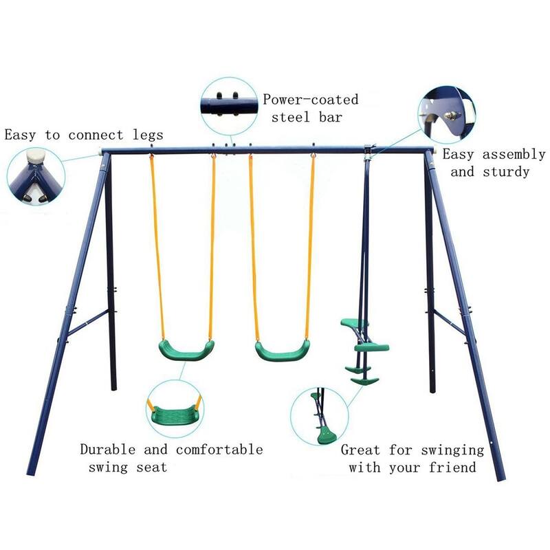 Roomfitters Outdoor Metal Swing Set with Glider, Fun Backyard Equipment for Toddlers and Youth, Blue