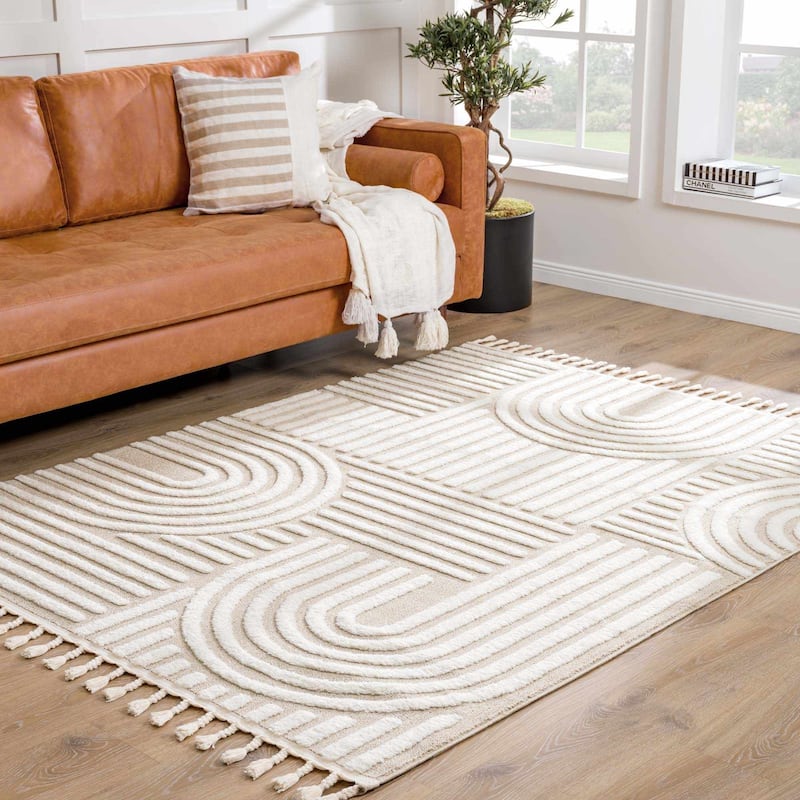 Hauteloom Moisen Geometric Modern Contemporary Beige Area Rug - 8'10" x 12' - Cream, Beige / Moise
