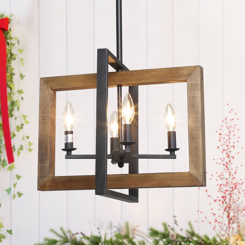 Farmhouse 6-Light Wood Rectangle Chandelier Island Lights for Dining Kitchen Island - W17.7" x L14.6" x H 13.8" - 4-Light