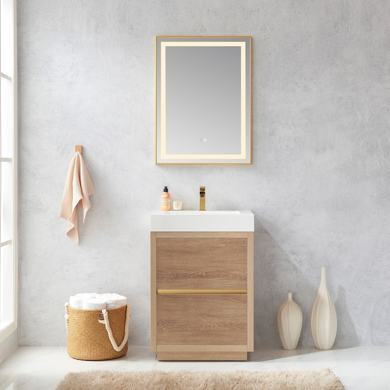 Huesca 24" Single Sink Bath Vanity with White Sink Top, no Mirror - Wood Finish - Beige - Single Vanities