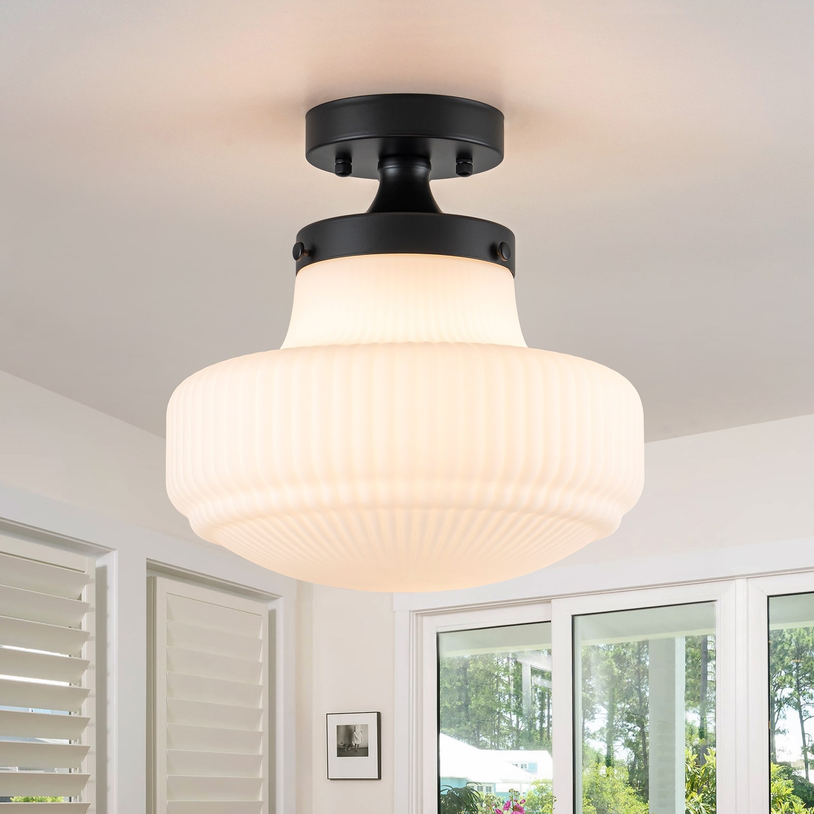 Modern 1-Light Opal Glass Semi Flush Mount - Black - 11-in W x 11-in H