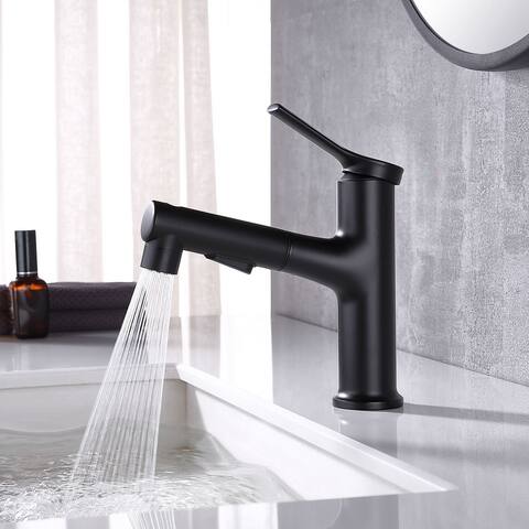 Single Handle Matte Black Pull Out Sprayer Bathroom Faucet with Three Functions