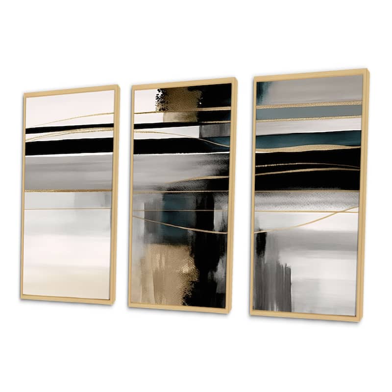 Designart "Abstract Geode Geometric Black And Gold III" Modern Geometric Framed Canvas Art Print - 3 Panels