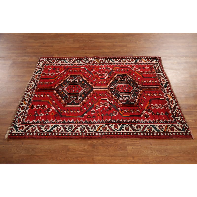 Hand Knotted Oriental 100% Wool Carpet Traditional Tribal Red Shiraz Area Rug - 4' 10'' X 3' 7''