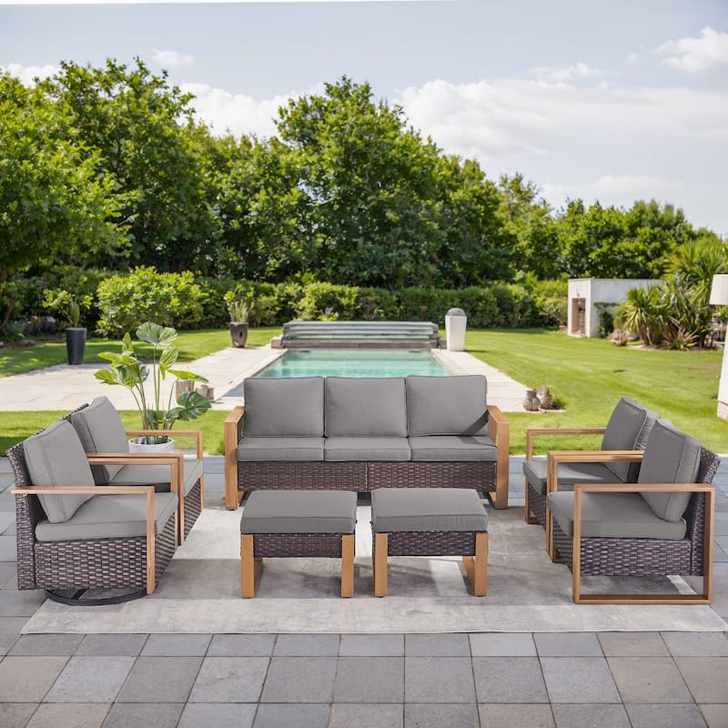 Gymojoy 7 Pieces Patio Sofa with Rattan Swivel Rocking Chair Ottomans Outdoor Conversation Set