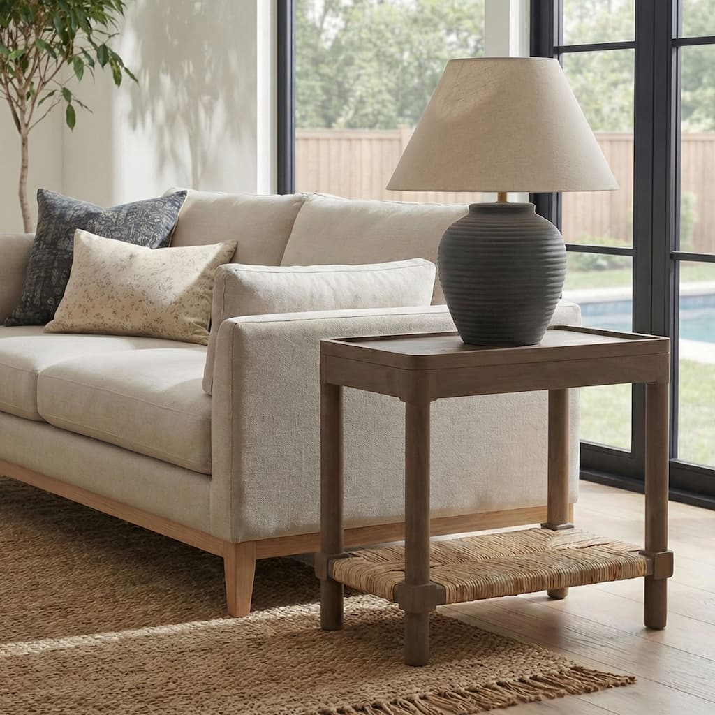 Asher Wood Tray Top Side Table with Rush Shelf by East at Main