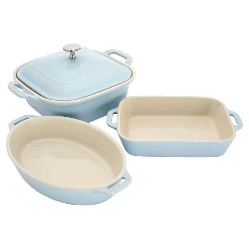 Staub Ceramic 4-pc Baking Pans Set, Casserole Dish with Lid, Brownie Pan, Pastel - Light Blue