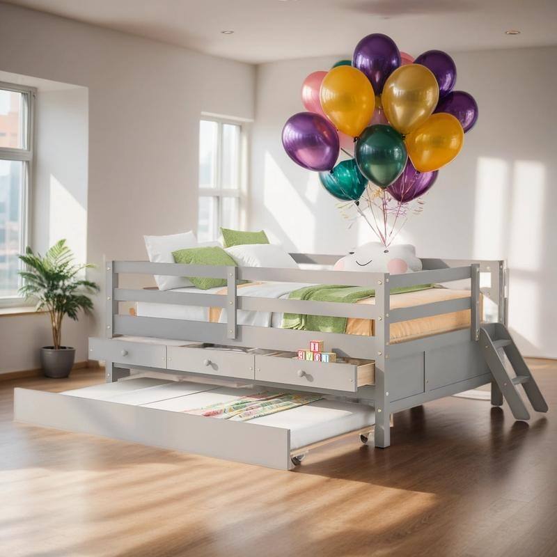 Low Loft Bed Full Size with Trundle, ladder and Storage Drawers, Grey
