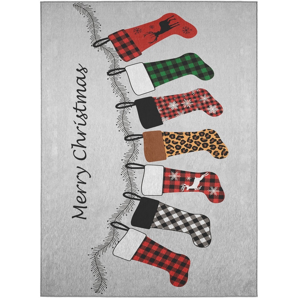 Indoor/ Outdoor Cozy Winter Gray Washable Holiday Rug