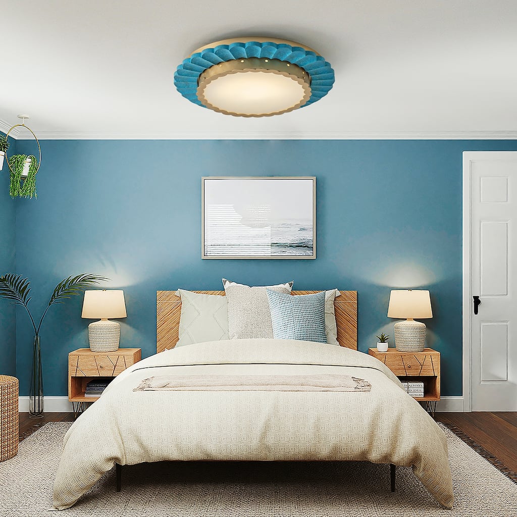 20-inch Peruvian Accent Cottage Hand Painted Blue Coastal Sunburst Round Flushmount Ceiling Light - 19.68" W x 3.07" H