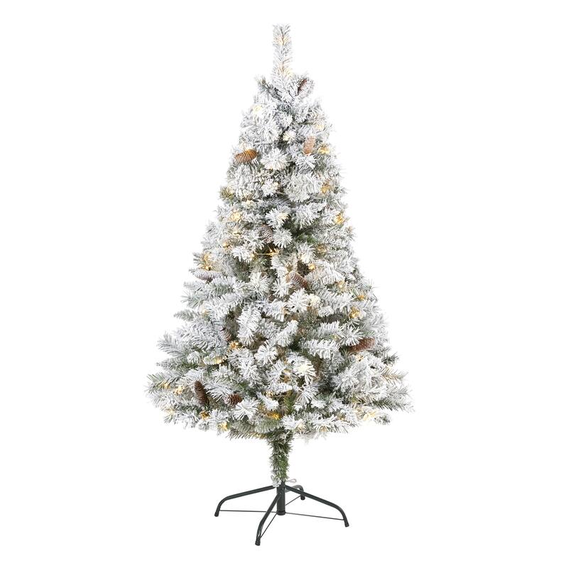 5' Pre-Lit Flocked Artificial Christmas Pine Tree, Clear LED Lights - 5 Foot