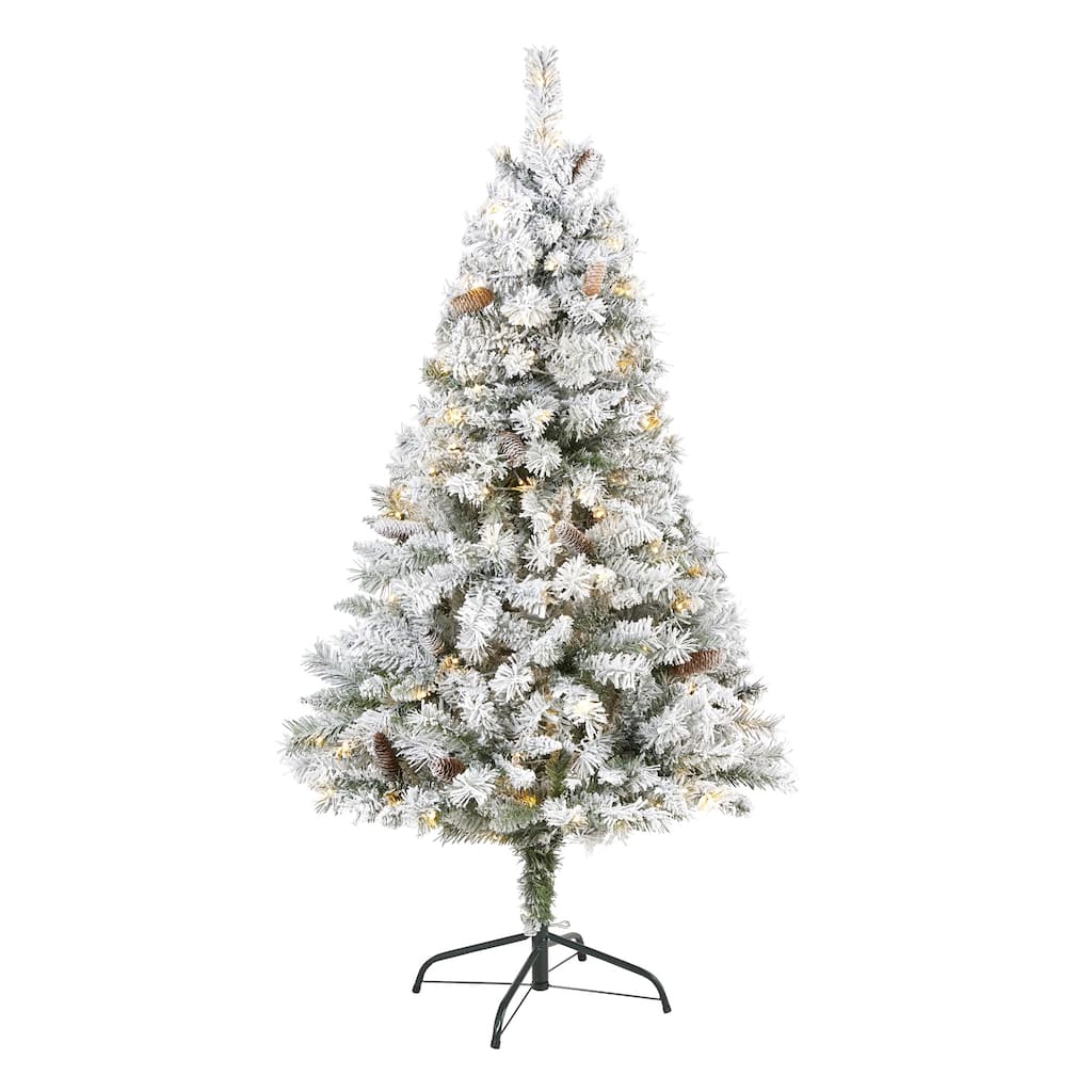 5' Pre-Lit Flocked Artificial Christmas Pine Tree, Clear LED Lights - 5 Foot