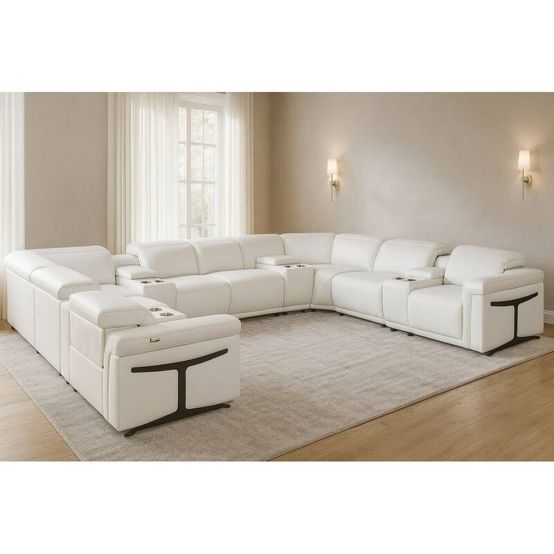 HomeRoots White Italian Leather Power Reclining U Shaped Twelve Piece Sectional With Console - Symmetrical - White
