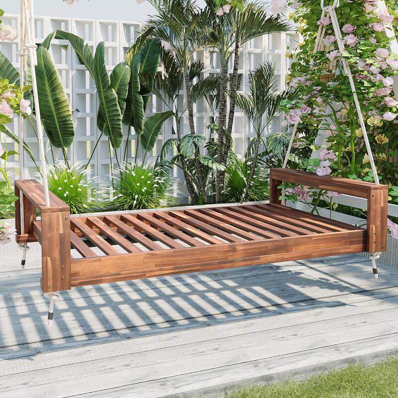 Twin Size Patio Acacia Wood Swing Frame with Hemp Ropes - Natural
