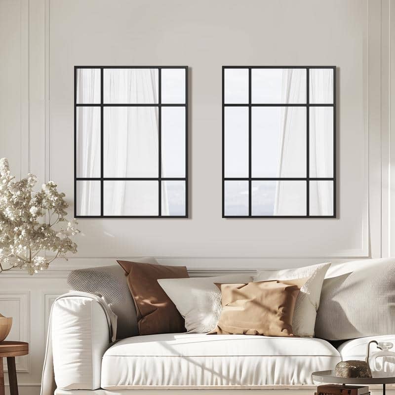 Iron Metal Frame Rectangular Windowpane Wall Mirror Farmhouse Rustic Elegant Decor for Living Room Bedroom Bathroom Entryway