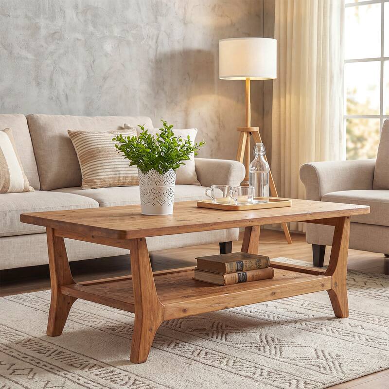 47'' Solid Wood Coffee Table with Open Storage Shelf, Mid-Century Rectangle Center Table
