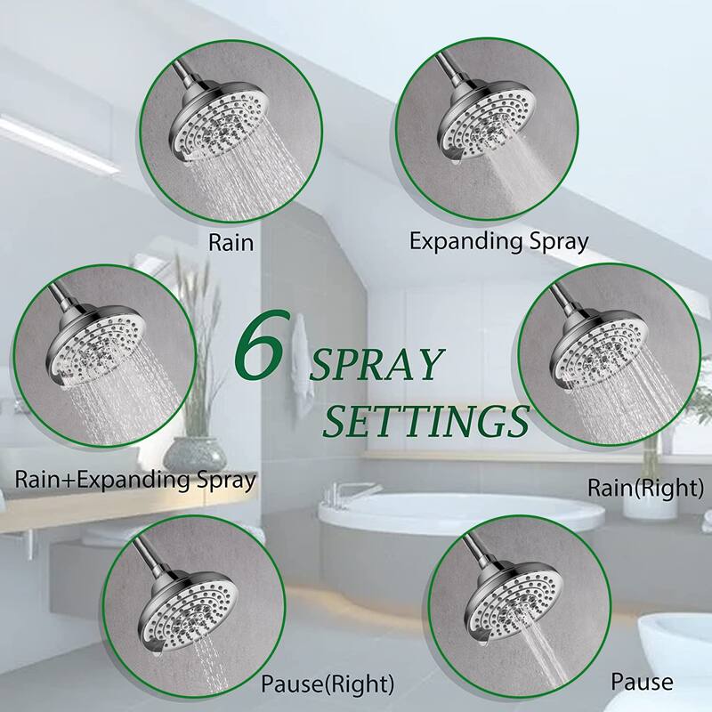 Shower Head with 6 Spray Settings High Pressure, 5in Rain Fixed