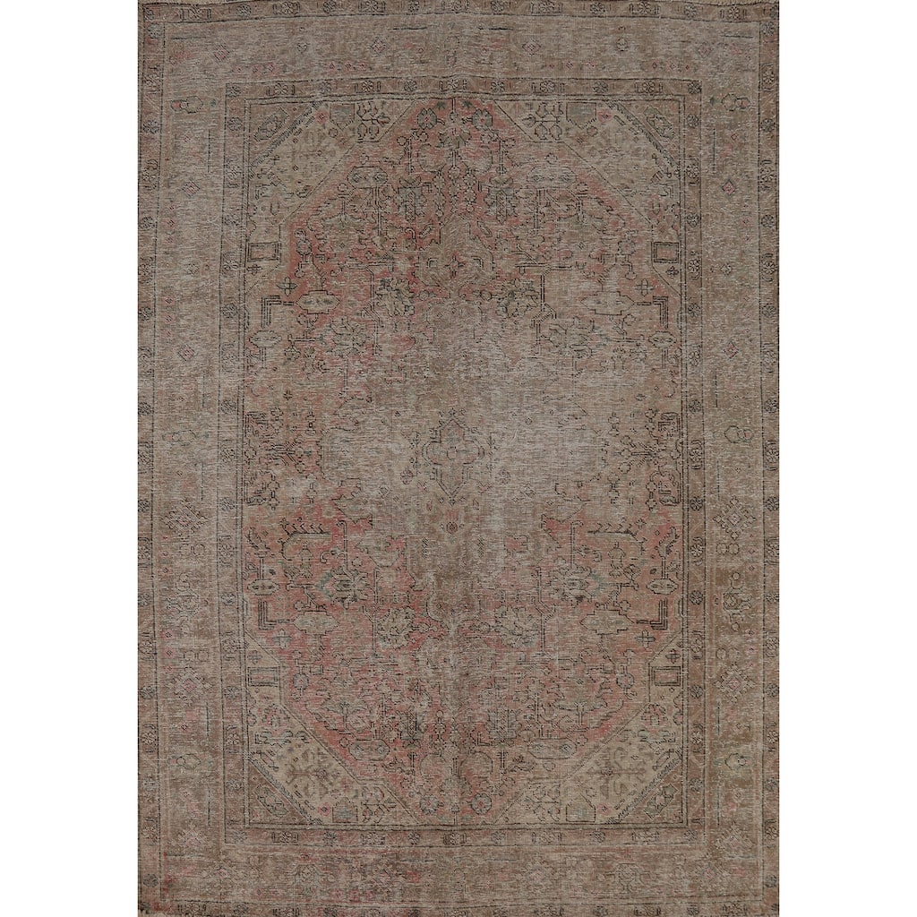 Pink Geometric Tabriz Persian Vintage Rug Hand-Knotted Wool Carpet - 6'8" x 9'2"