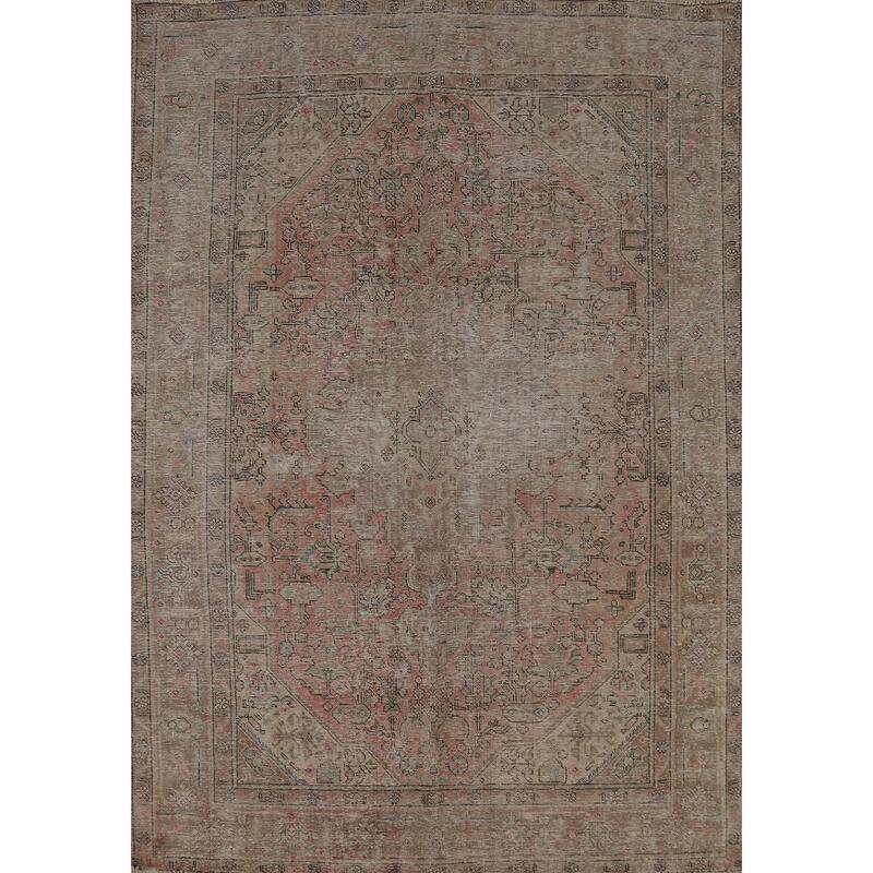 Pink Geometric Tabriz Persian Vintage Rug Hand-Knotted Wool Carpet - 6'8" x 9'2"