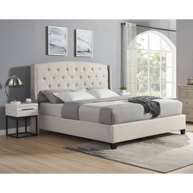 Astral 3-Piece Upholstered Bedroom Set, Tufted Wingback Bed with Two White Nightstands