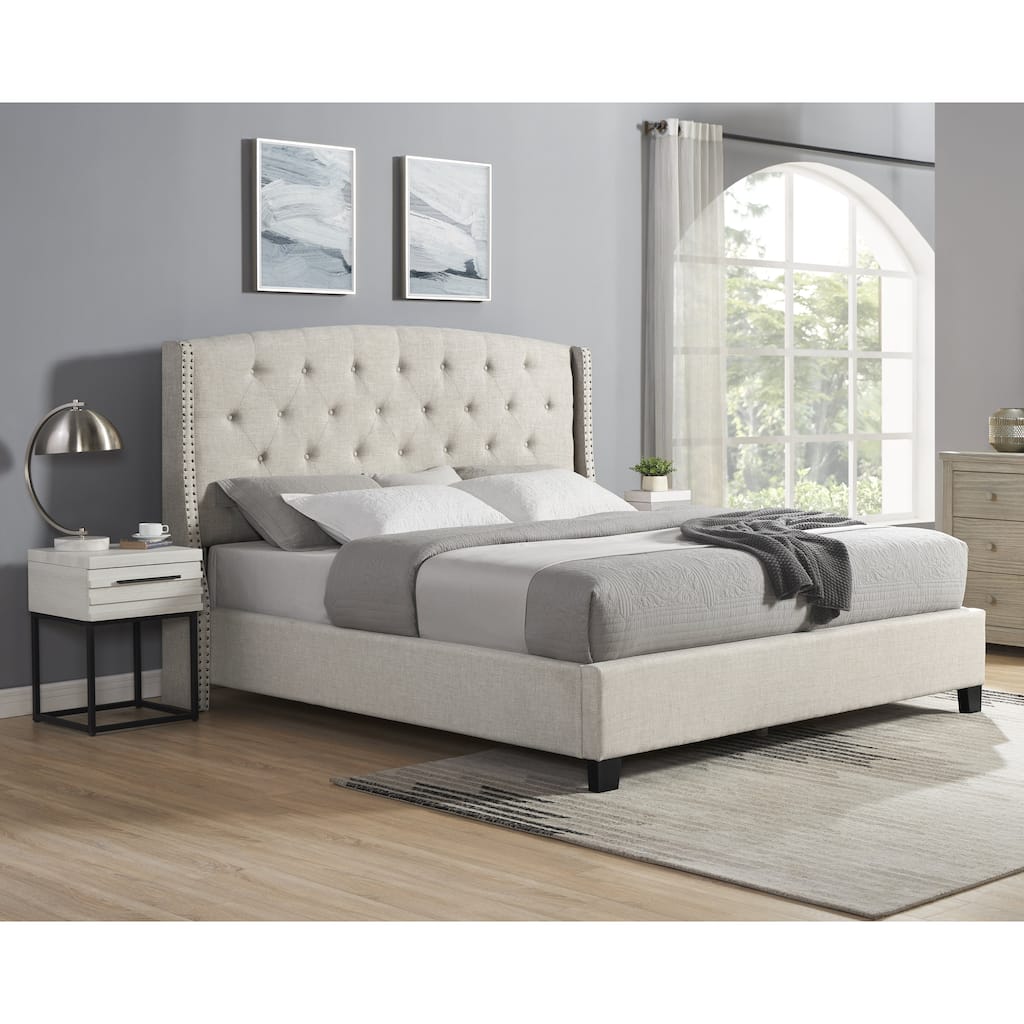 Astral 3-Piece Upholstered Bedroom Set, Tufted Wingback Bed with Two White Nightstands