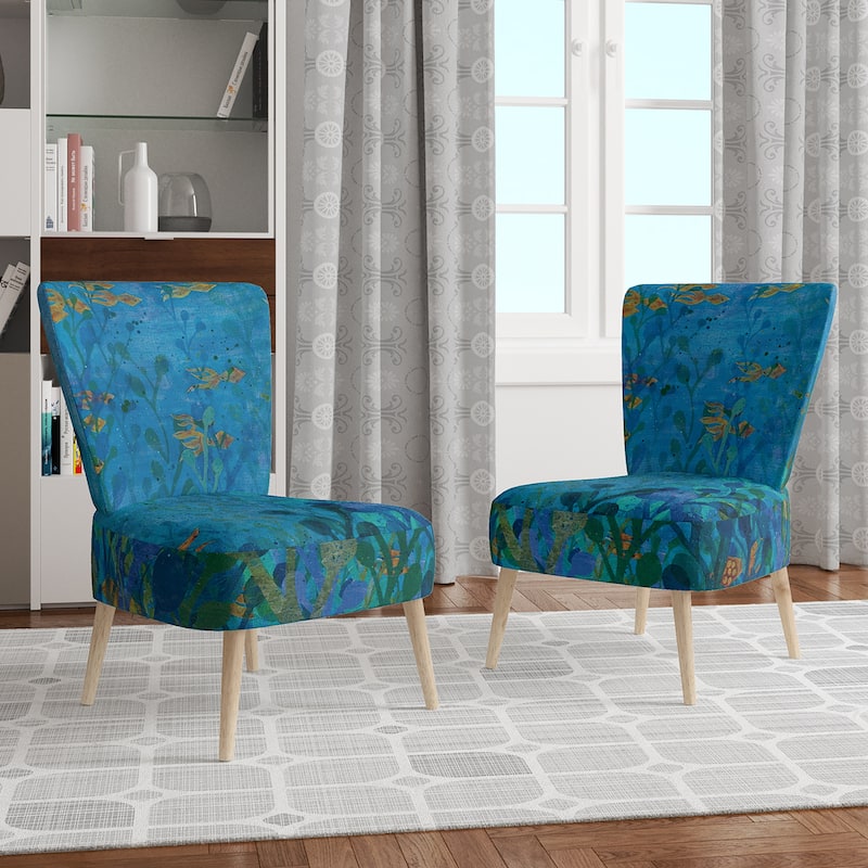 Designart "Blue Underwater Lake Leaves I" Upholstered Nautical & Coastal Accent Chair - Arm Chair