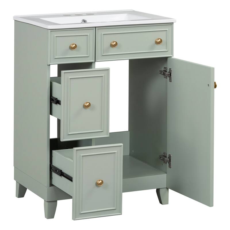 24 Inch Bathroom Vanity Cabinet with Ceramic Sink, 2 Drawers & Door, Bathroom Storage Cabinet Free-standing Single Sink Cabinet
