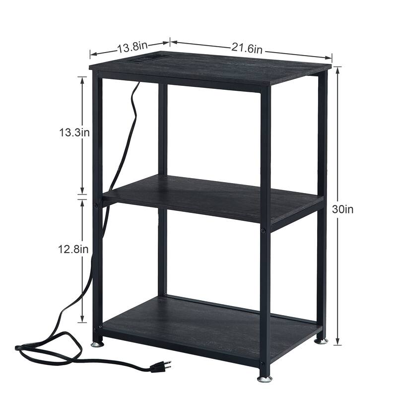 VECELO Industrial Nightstand with Charging Station 3-Tier End Table Bedside Table Black Steel Frame for Small Spaces