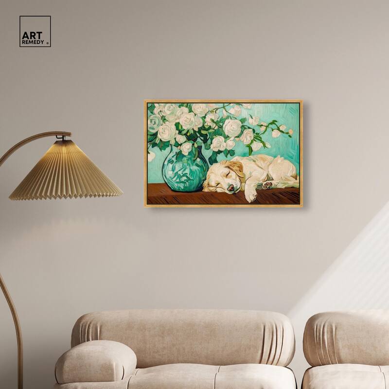Rose Vase Puppy Canvas by Art Remedy