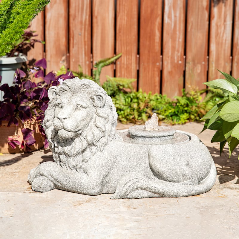 Glitzhome 20"L Zen-Style Lying Lion Polyresin Outdoor Fountain with Pump and LED Light