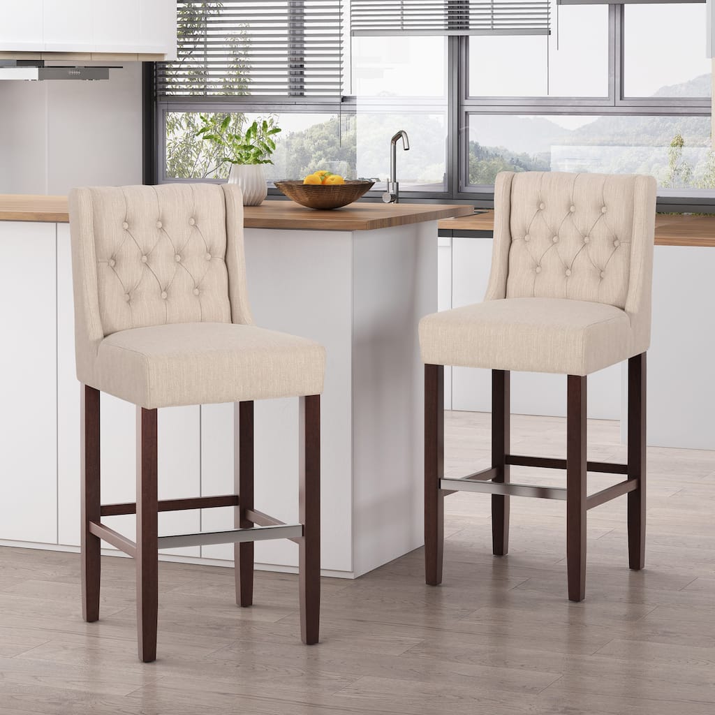 Counter Height Bar Stools Set of 2, Button Tufted Bar Chairs with Solid Wooden Legs, Kitchen Stools with Footstool