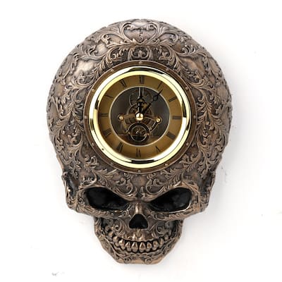 Veronese Design 8.27" W STEAMPUNK DECORATIVE FLAT SKULL WALL CLOCK Cold Cast Bronze