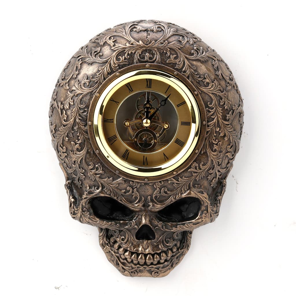 Veronese Design 8.27" W STEAMPUNK DECORATIVE FLAT SKULL WALL CLOCK Cold Cast Bronze