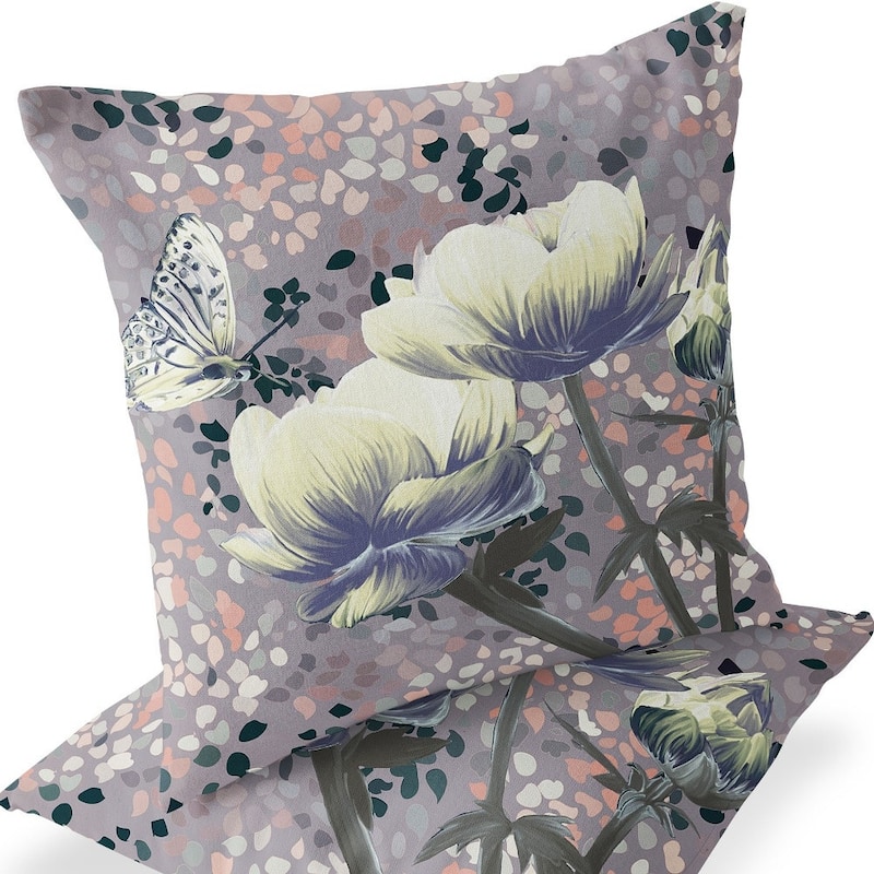 HomeRoots Set of Two 16" X 16" Gray and Yellow Butterfly Blown Seam Floral Indoor Outdoor Throw Pillow
