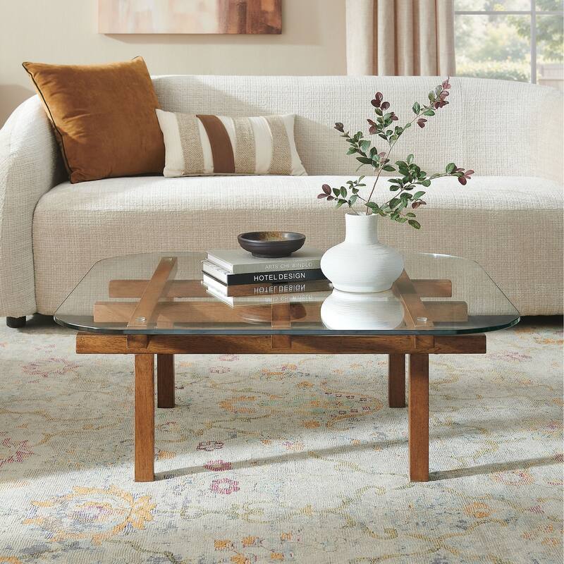 Isby 35 Inch Tempered Glass Coffee Table - Walnut