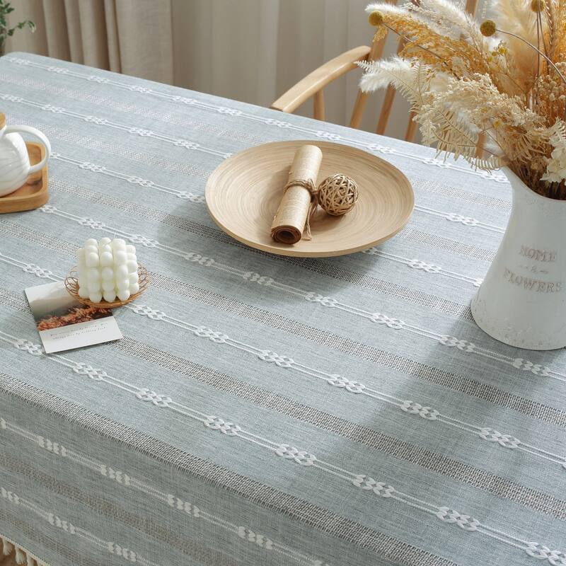 Enova Home High Quality Rectangle Cotton Linen Washable Tablecloth Stripe with Tassel for Home Party Wedding Dining Table