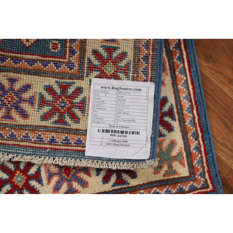 Blue Kazak Oriental Rug Traditional Hand-Knotted Wool Carpet - 2'0"x 3'0"
