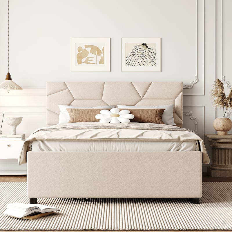 Beige Full Size Upholstered Platform Bed with Brick Pattern Headboard and Twin Size Trundle