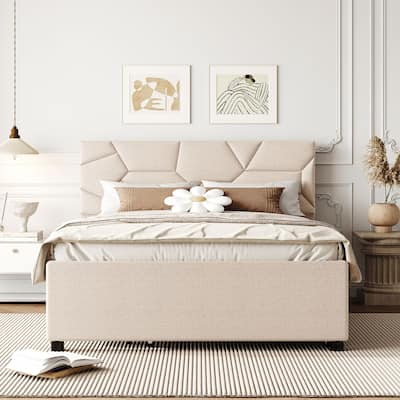 Classic Full Size Upholstered Bed, Linen Fabric Platform Bed with Brick Pattern Headboard and Twin Size Trundle Bed Frame