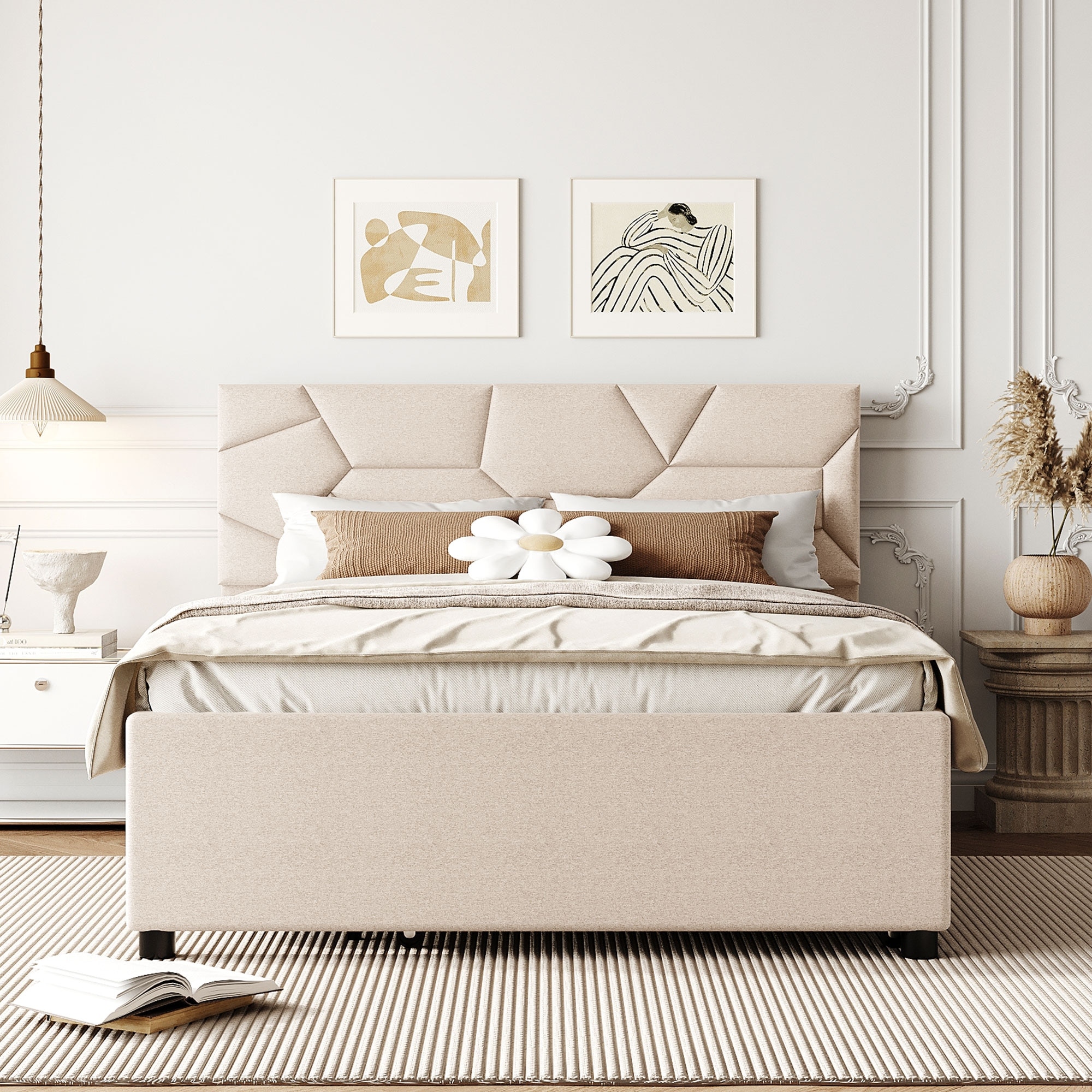Classic Full Size Upholstered Bed, Linen Fabric Platform Bed with Brick Pattern Headboard and Twin Size Trundle Bed Frame
