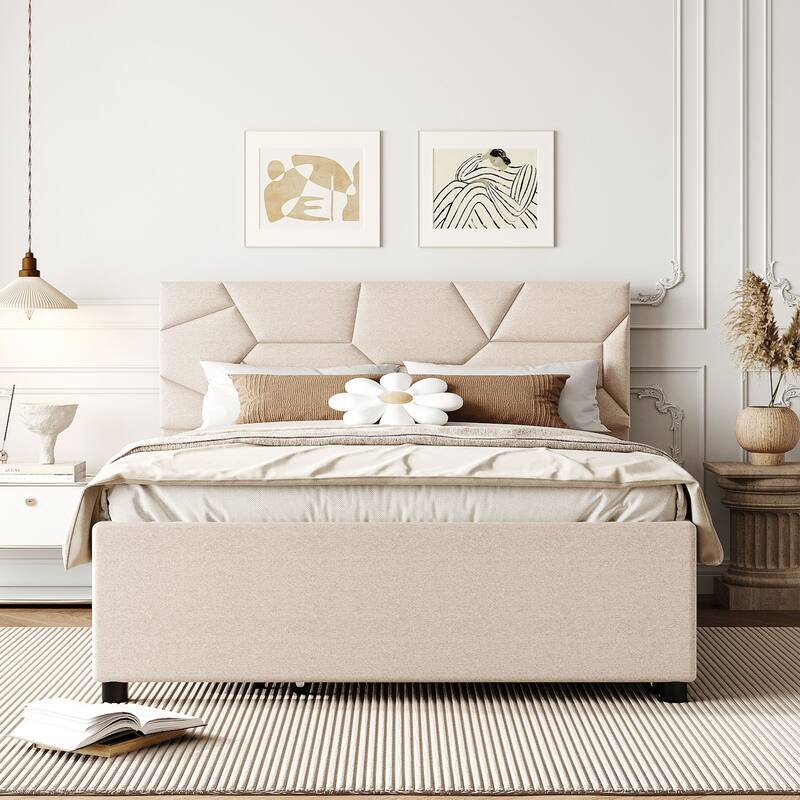 Full/Queen Size Linen Upholstered Bed with Twin Trundle and Modern Brick Pattern Headboard