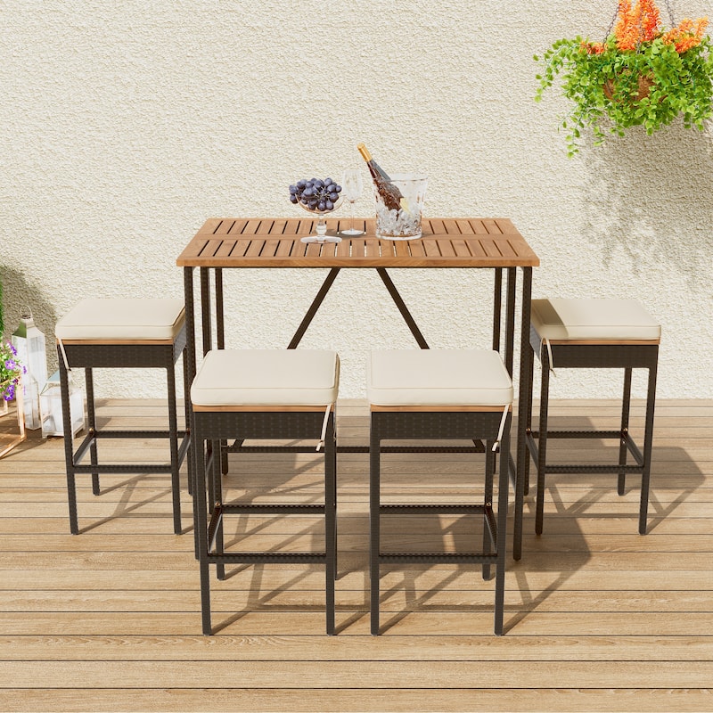 10-Piece/5-Pieces Outdoor Acacia Wood Bar Height Dining Foldable Table & Stools with Cushions