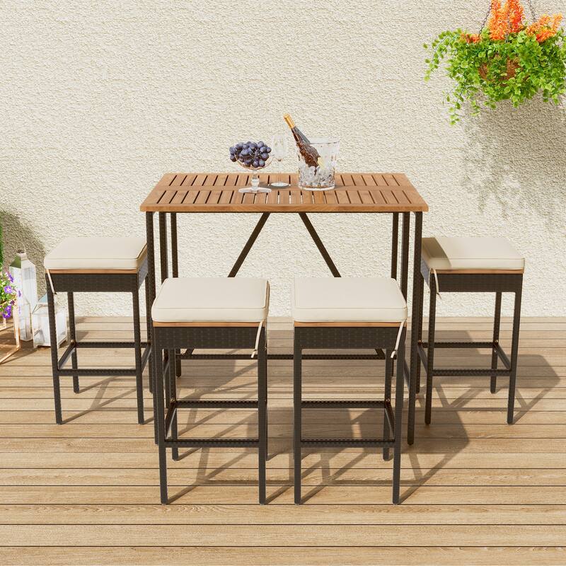 5 Piece Patio Wicker Bar Set, Outdoor Acacia Wood Bar Height Table w/Foldable Table Top & 4 PE Rattan Backless Bar Stool Chairs - Natural